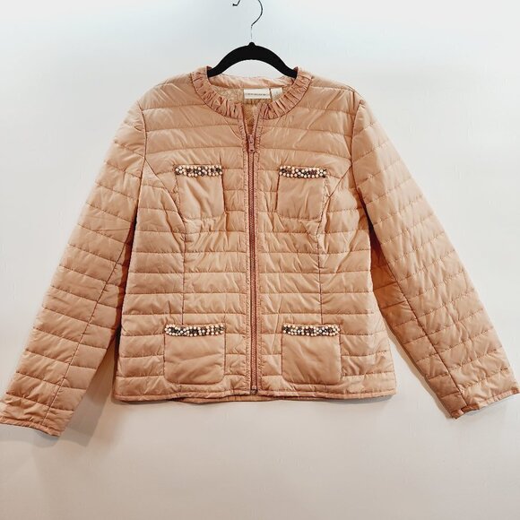 Chicos Lightweight Quilted Puffer Jacket Zip Front Peach Pink Pearl Rhinestone M - Picture 2 of 14